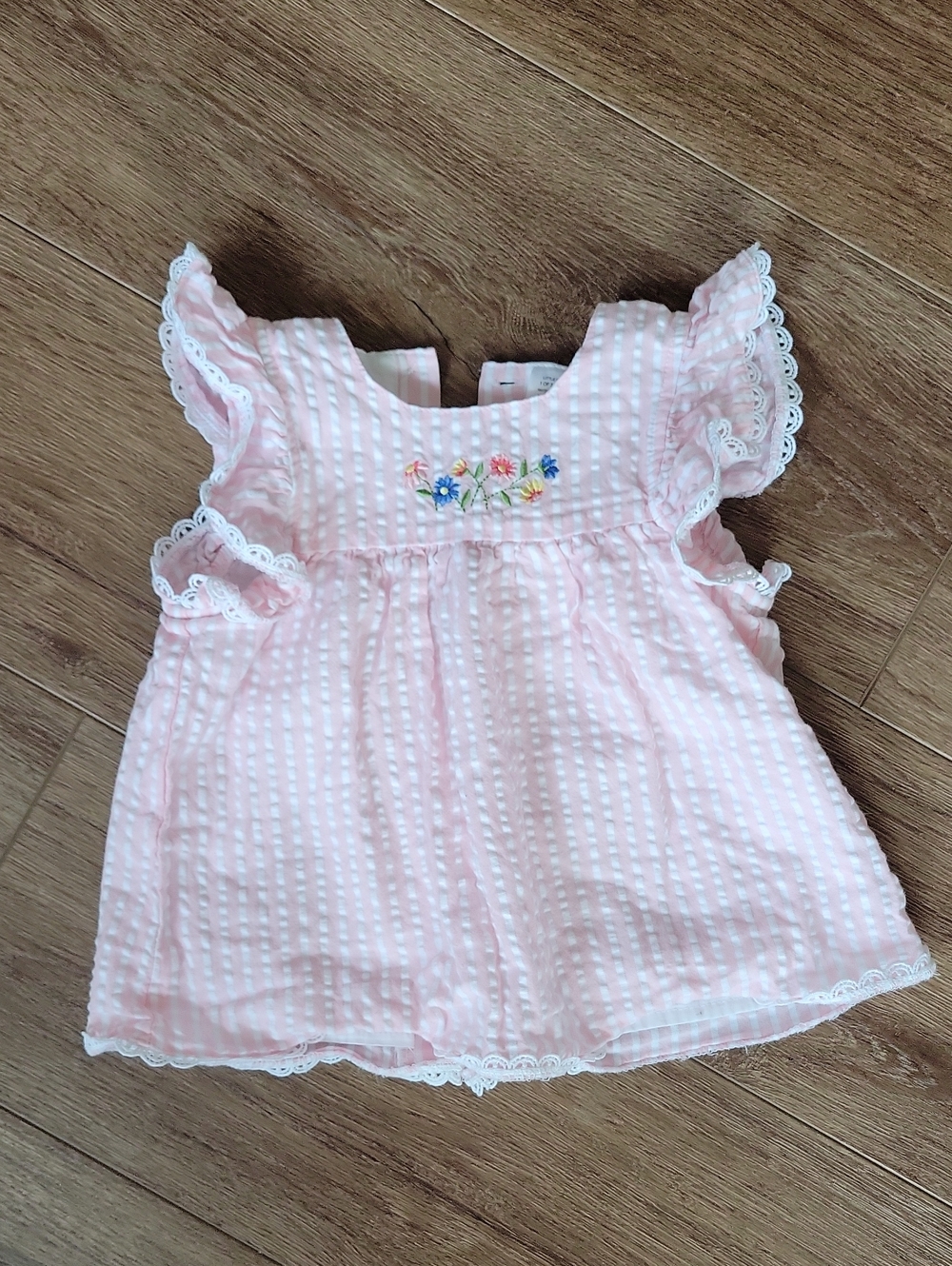 Little Me Pink Seersucker Top with Floral Embroidery
